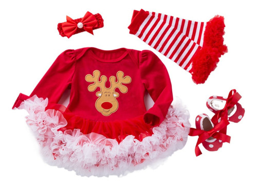 Navidad Mameluco Vestido Para Niña Con Diadema Traje 4piezas