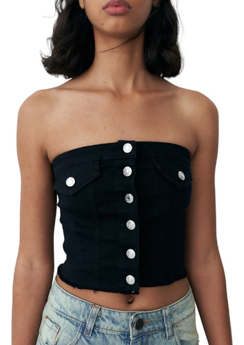 Corset Jean Strapless Crop Top Con Botones Elastizado Negro