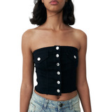 Corset Jean Strapless Crop Top Con Botones Elastizado Negro