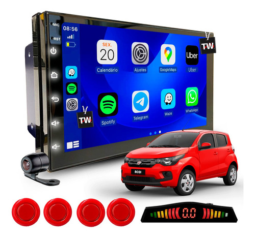 Kit Multimidia Android 2+32gb Gps Carplay + Sensor Vermelho