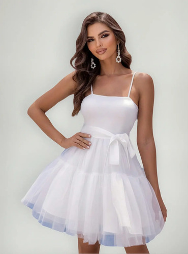 Vestido Corto Blanco Tul Malla Juvenil Fiesta Boda Graduacio