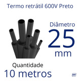 Termo Retrátil Preto 25mm X 10 Metros, Achatado Mede 40mm