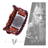 Pulseira Masculina Couro Marrom Viking Trançado Runas Ragnar