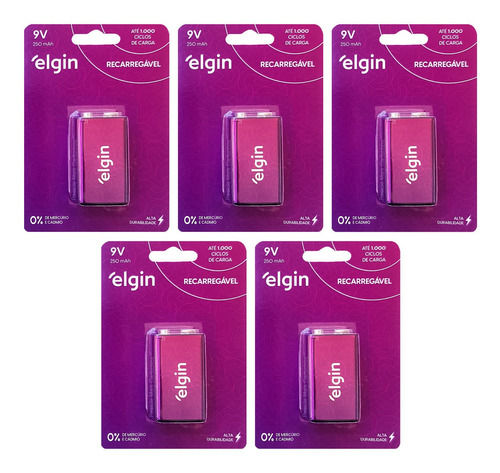 5 Pilha Bateria Recarregável Elgin 9v 250mah 250 Mah Blister