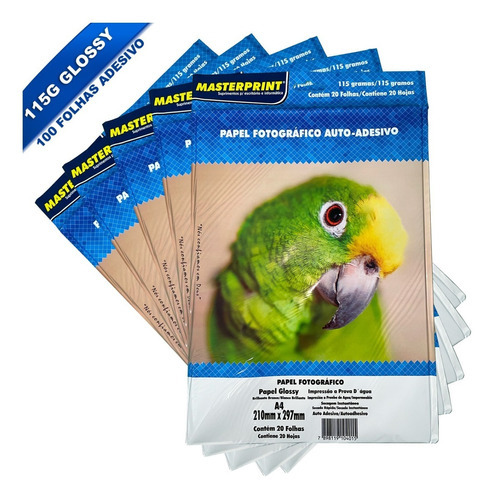 Papel Foto Glossy Adesivo 100 Folhas Masterprint 115g A4 Cor Branco