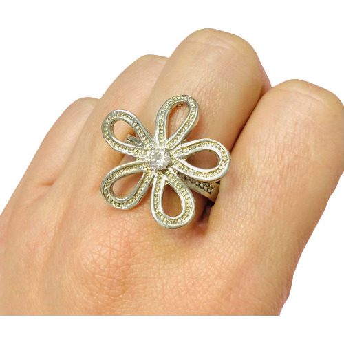 Anillo Flor Grande Con Cubic 4mm Plata Y Oro Ap 135