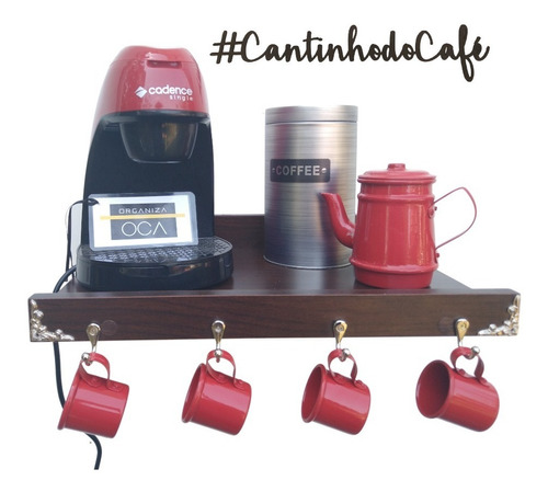 Cantinho Café Para Maquinas  Madeirado 40cm 4 Ganchos +frase