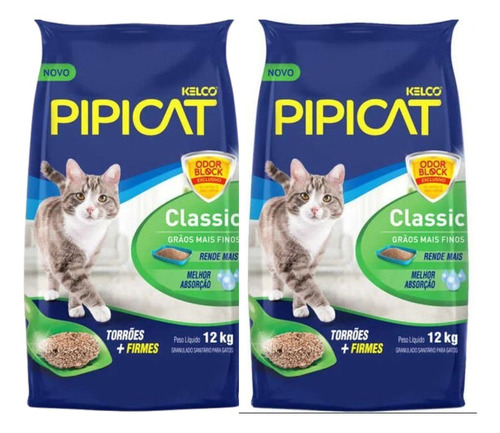 Areia Sanitária Para Gato Kelco Pipicat Classic 12kg Kit 2un