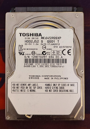 Disco Hdd Sata 640gb Notebook Toshiba Usado Funcionando