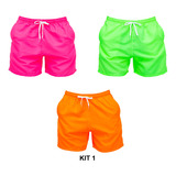 Kit Com 3 Shorts Mauricinho Neon Moda Praia Lisos