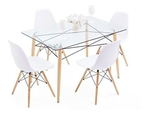 Juego De Comedor Mesa Rectangular Vidrio + 6 Sillas Eames Dsw - 120x80