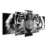 Quadro 5 Peças Tigre Branco Predador Olho Azul Tiger Mosaico