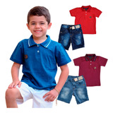 2 Camiseta Polo Infantil  + 2 Shorts Elastano Com Cinto