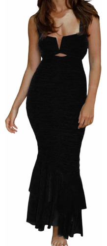 Vestido Negro Corte Sirena Drapeado Ajustado Talle L