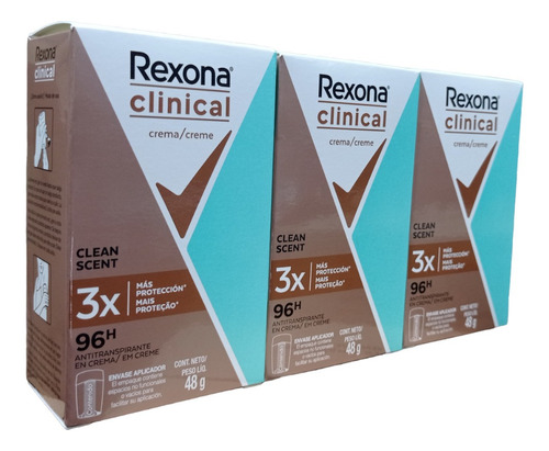 Pack X 3 Rexona Clinical Mujer Desodorante Clean Scent 48gr