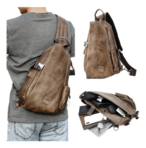 Bandoleras Hombre Impermeable Carga Usb Cuero Bolso Pecho