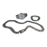 Combo Spiked Simil Plata Cubana 60cm + Pulsera + Reloj Patek