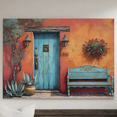 Cuadro Casa Mexicana Pueblo México Estilo Oleo En Canvas Fachada Colonial Marco De Madera | Meses sin interés