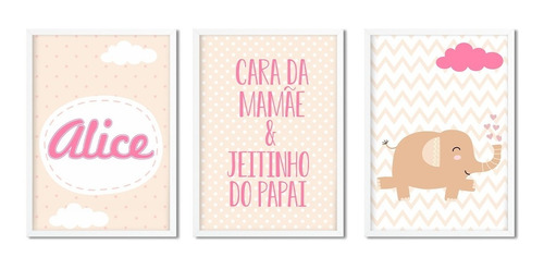 Kit 3 Quadros Com Nome Do Bebe Personalizado Elefante Quarto