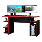 Mesa Gamer 136cm Prateleiras Nicho Gabinete Preto Vermelho