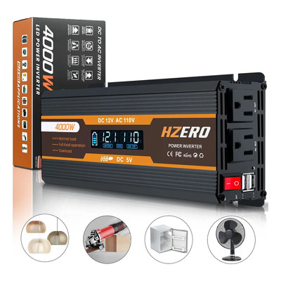 Hzero 4000W Inversor Convertidor De Corriente Con Pantalla Lcd Inteligente Con 2 Ac Y 2 Usb, 12v A 110v Transformador Para Coche, Cable 100% Cobre, Abrazaderas Aisladas Seguridad, Empaque De Calidad | Envío gratis