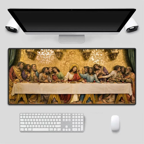 Mouse Pad Grande 90x40 Couro Gamer Desk Pad Santa Ceia Arte