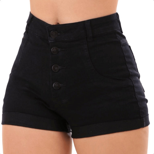 Short Preto Jeans Feminino Cintura Alta Com Lycra Hot Pants