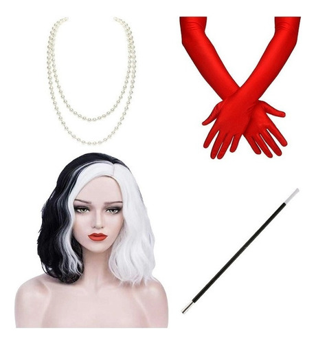 Gift Conjunto De Peruca Cruella Feminina Preta E Branca De