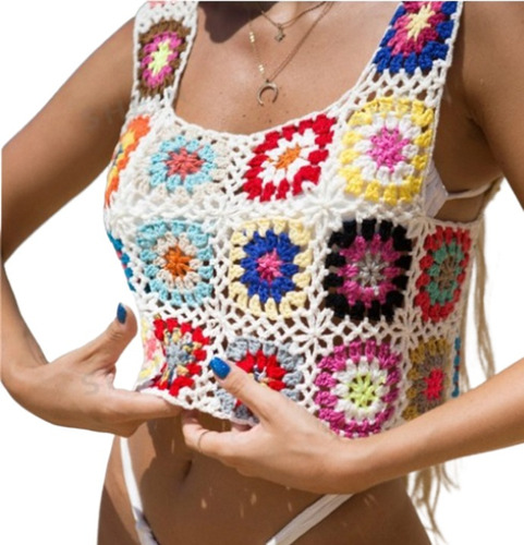 Top Bikini A Crochet De Flores Multicolor,  Verano Playa 