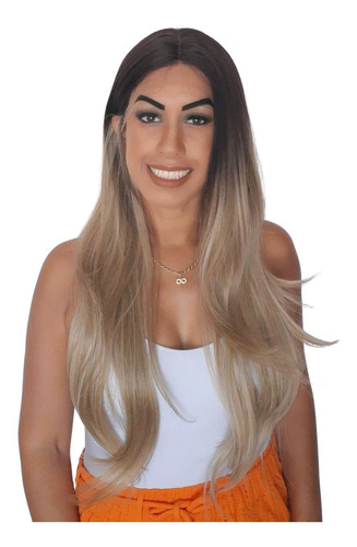 Peruca Lace Front Loira Ombre Longa Lisa Com Fake Scalp 