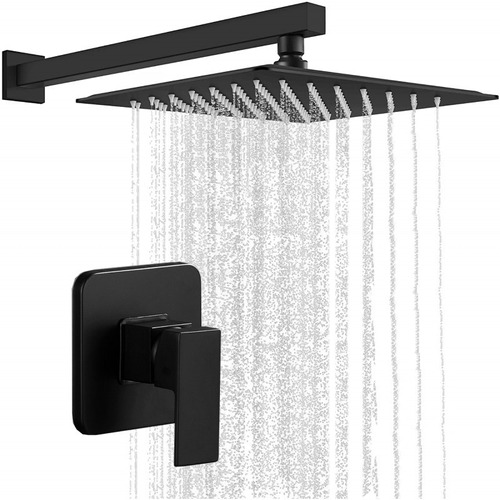 Mezclador Ducha Negro Quadratto Bl + Ducha 30cm Tubo Pared