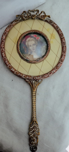 Espejo De Mano Antiguo De Bronce, Frances Con Imagen 