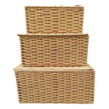 Kit 3 Caixa Organizadora Rattan Natural Com Tampa Cesto