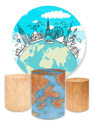 Kit Capa Painel Redondo 1,5 + Trio Cilindros Tema Mapa Mundi