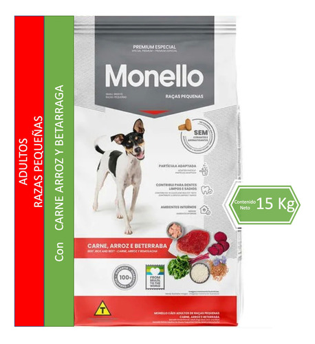 Alimento Para Perro Monello Premium Especial Adulto Raza Pequeña Carne Arroz Y Betarraga 15kg 24% Proteína Bruta Bolsa