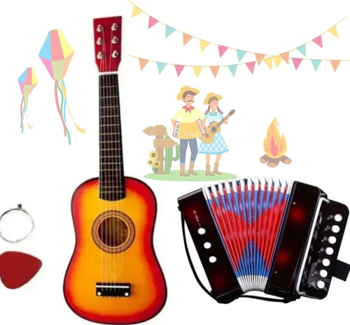 Kit Musical Infantil Mini Violão + Acordeon Sanfona 3 Baixos