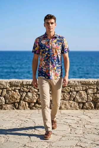 Camisa Hawaiana Barca E Spiggia Azul Corta 2024