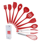 Jogo 10 Utensilios Cozinha Colher De Silicones Cabo Inox