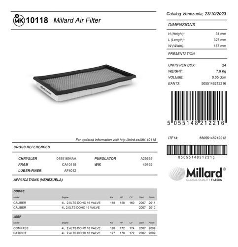 Filtro De Aire Mk-10118 (49192) Dodge Caliber Jeep Compass Foto 2