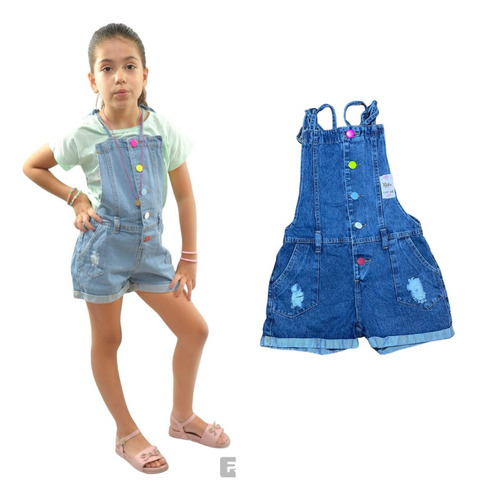 Jardineira Macaquinho Jeans Infantil Feminina Diva C/ Botão