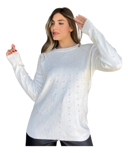 Sweater Importado Blanco Gofrado Y Con Apliques Media Perla