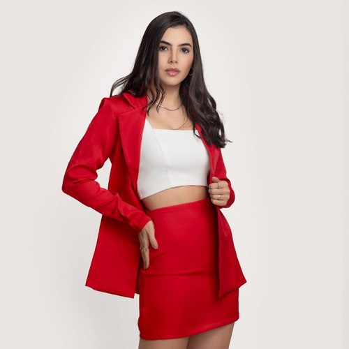 Conjunto Blazer Saia Feminino Alongado Acinturado Jaqueta