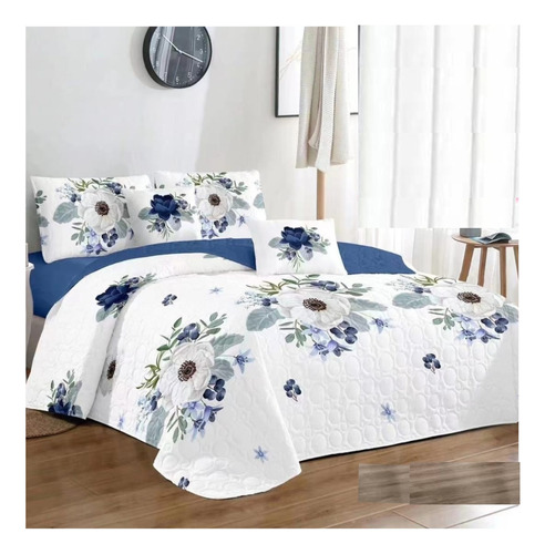 Cubrecama De Flores Azules Tela Quilt De Verano 2 Plaza Tf