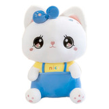 Peluche Gato Con Overol Azul 40cm Súper Suave Kawaii Premium