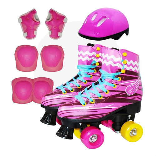 Patins Roller Menina Clássico 4 Rodas 30/31 + Kit Proteção