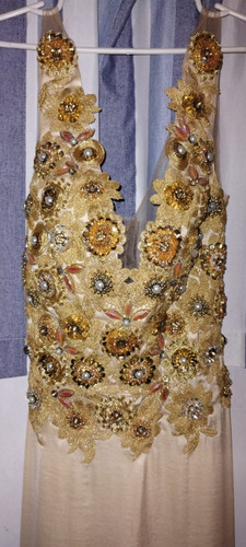 Vestido Largo De Fiesta Mujer Bordado Elegante Dorado