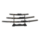 Kit Katana Samurai 3 Espadas C/ Suporte E Bainha De Couro