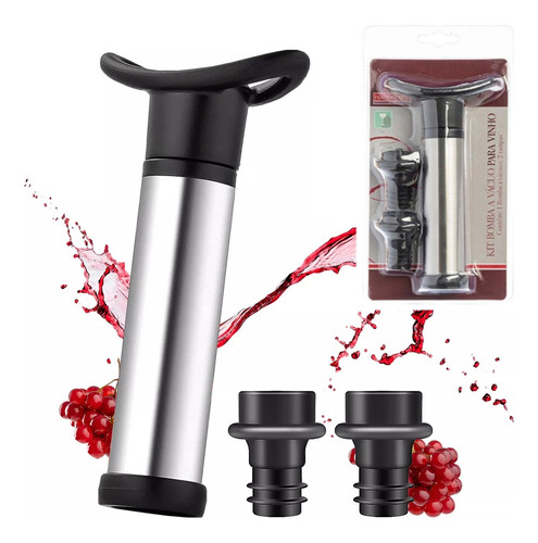 Kit Bomba De Vácuo Ideal Tampar Vinho Inox 2 Rolhas Silicone Cor Preto