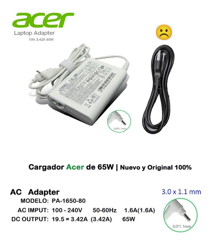 Cargador Original Acer 65w  Blanco 19.5=3.42a Pinta Fina 