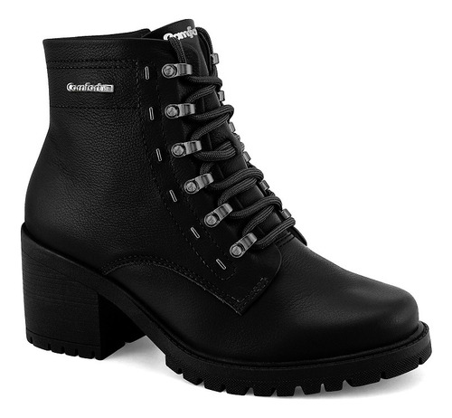 Bota Feminina Couro Tratorada Salto Alto Moderna Comfortflex